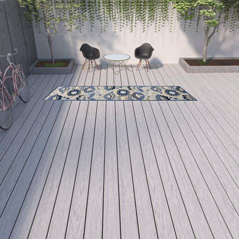 12' Blue And Gray Indoor Outdoor Runner Rug