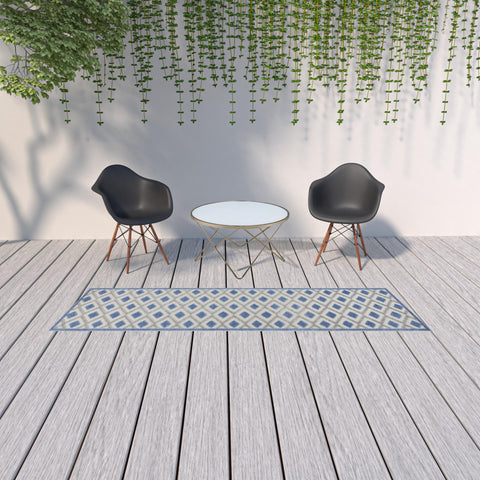 10' Blue And Gray Indoor Outdoor Runner Rug