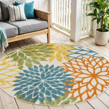 4' Blue And Yellow Round Indoor Outdoor Area Rug