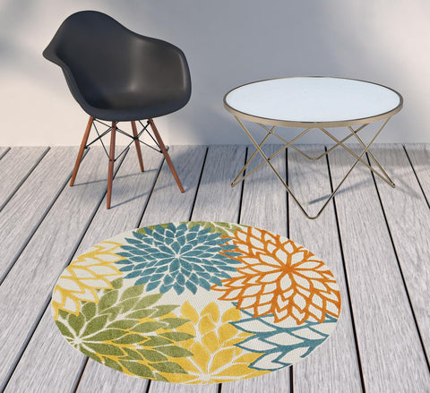 4' Blue And Yellow Round Indoor Outdoor Area Rug