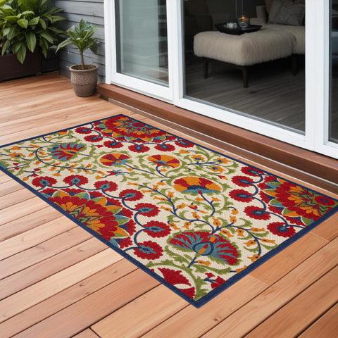 3' X 5' Red And Ivory Indoor Outdoor Area Rug