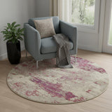 5' X 5' Ivory And Pink Round Abstract Power Loom Non Skid Area Rug
