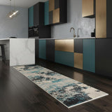 2' X 8' Ivory And Teal Blue Abstract Power Loom Non Skid Runner Rug