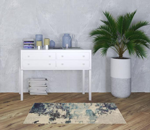 3' X 5' Ivory And Teal Blue Abstract Power Loom Non Skid Area Rug