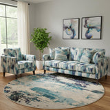 8' X 8' Ivory And Teal Blue Round Abstract Power Loom Non Skid Area Rug