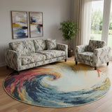 8' X 8' Wave Round Abstract Power Loom Non Skid Area Rug