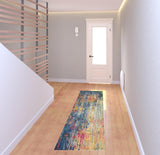 2' X 8' Blue And Yellow Abstract Power Loom Non Skid Runner Rug