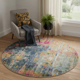 4' Blue And Yellow Abstract Round Rug