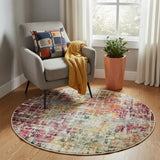 5' X 5' Pink Round Abstract Power Loom Distressed Non Skid Area Rug