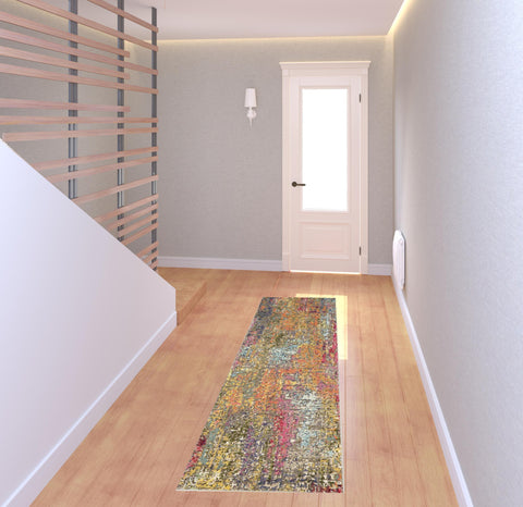 8' Blue Yellow And Orange Abstract Runner Rug