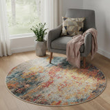 5' Blue And Orange Abstract Round Rug