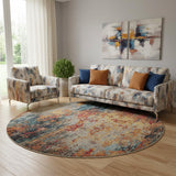 8' Blue And Orange Abstract Round Rug