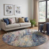 8' Blue And Ivory Abstract Round Rug
