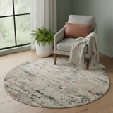 5' X 5' Beige And Grey Round Abstract Power Loom Non Skid Area Rug