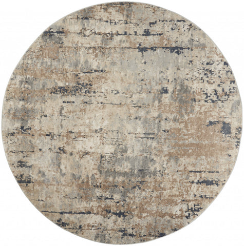 8' Beige And Ivory Abstract Distressed Round Rug