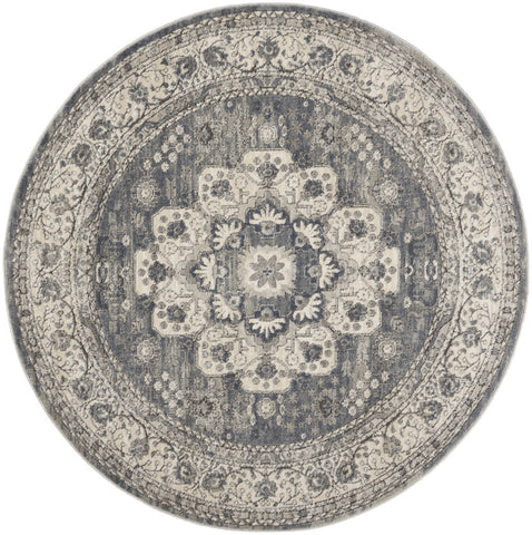 5' Gray And Ivory Oriental Distressed Round Rug