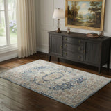 4' X 6' Ivory And Blue Oriental Power Loom Non Skid Area Rug