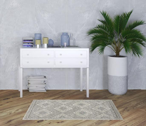 3' X 5' Grey Ivory And Blue Southwestern Power Loom Non Skid Area Rug