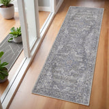 6' Gray And Blue Oriental Distressed Washable Runner Rug