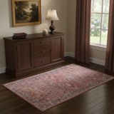 4' X 6' Brick Oriental Power Loom Distressed Washable Area Rug