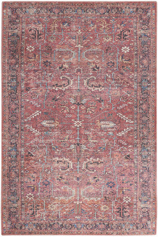 5' X 7' Pink And Blue Oriental Distressed Washable Area Rug