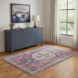 4' X 6' Red And Navy Oriental Power Loom Distressed Washable Area Rug