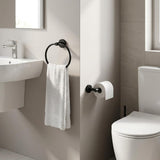 Set of Two Black Stainless Steel Wall Mount Towel Ring and Toilet Paper Holder