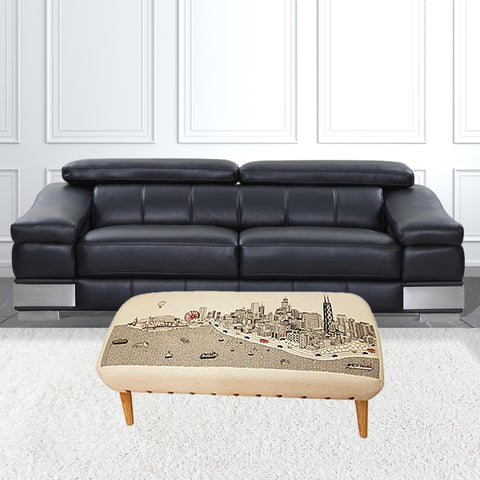 38" Cream Wool and Brown Ottoman