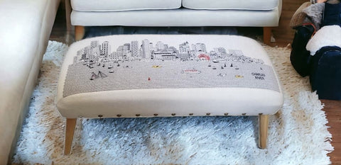 38" Cream And Natural Boston Daytime Skyline Embroidered Ottoman