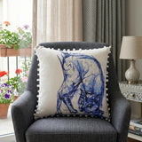 18" X 18" Blue And White Abstract Cat Throw Pillow With Pom Poms