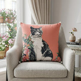 18" X 18" Pink Cat Zippered Handmade Cotton Blend Throw Pillow With Pom Poms