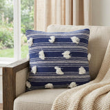 20" X 20" Navy and White Striped Textural Throw Pillow With Pom Poms