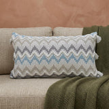 14" X 24" White Gray and Blue Chevron Cotton Lumbar Throw Pillow With Tassels and Texture