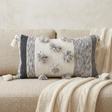 14" X 24" White and Gray Striped Cotton Blend Lumbar Throw Pillow With Pom-poms and Tassels