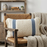 14" X 24" Cream And Light Blue Handmade Nubby Texture Throw Pillow With Fringe