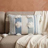 14" X 20" Cream and Blue Striped Cotton Blend Lumbar Throw Pillow With Pom-poms and Tassels
