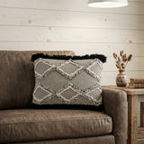 16" X 22" Black And Gray Diamond Handmade Cotton Blend Throw Pillow With Fringe