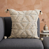 22" X 22" Off White Geometric Zippered Handmade Cotton Blend Throw Pillow With Tassels