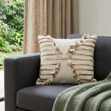 14" X 20" Tan And White Zippered Cotton Blend Geometric Throw Pillow With Pom-poms
