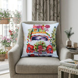20" X 20" Green And Red Zippered Handmade Cotton Blend Christmas Holiday Van Throw Pillow With Pom Poms