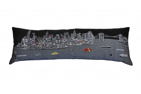 14" X 46" Dark Gray And White NYC Nighttime Skyline Lumbar Decorative Pillow