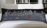 14" X 46" Dark Gray And White NYC Nighttime Skyline Lumbar Decorative Pillow