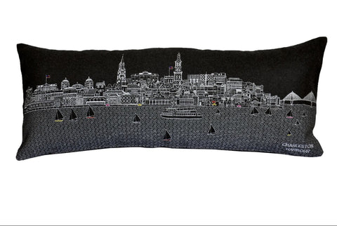 14" X 24" Dark Gray And White Chesapeake Nighttime Skyline Lumbar Decorative Pillow