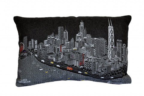 14" X 24" Dark Gray And White Chicago Nighttime Skyline Lumbar Decorative Pillow