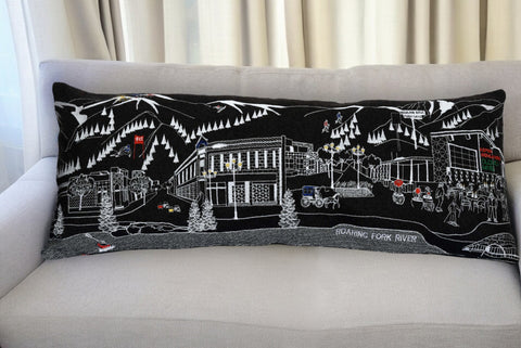 14" X 35" Dark Gray And White Aspen Nighttime Skyline Lumbar Wool Throw Pillow