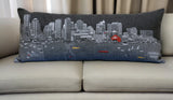 14" X 35" Dark Gray And White Boston Night Skyline Lumbar Decorative Pillow