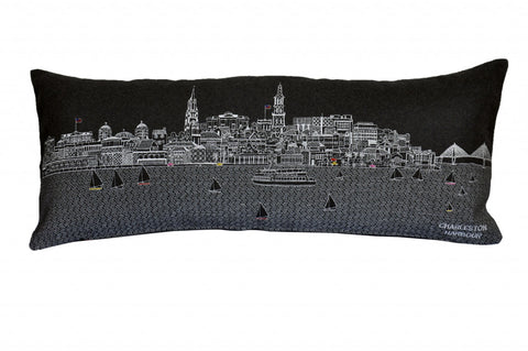 14" X 35" Dark Gray And White Charleston Nighttime Skyline Lumbar Decorative Pillow
