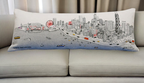 14" X 35" Cream Chicago Daylight Skyline Lumbar Decorative Pillow
