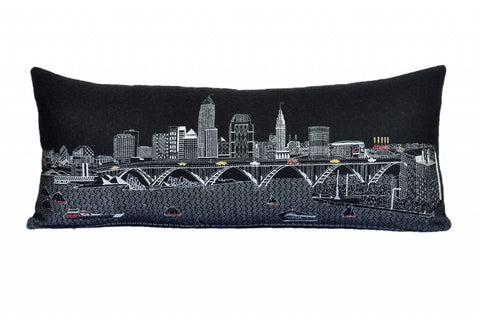 14" X 35" Dark Gray And White Cleveland Nighttime Skyline Lumbar Decorative Pillow