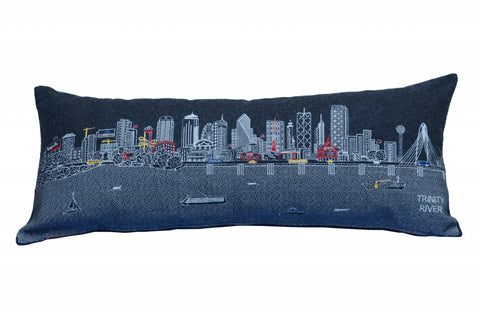 14" X 35" Dark Gray And White Dallas Nighttime Skyline Lumbar Decorative Pillow
